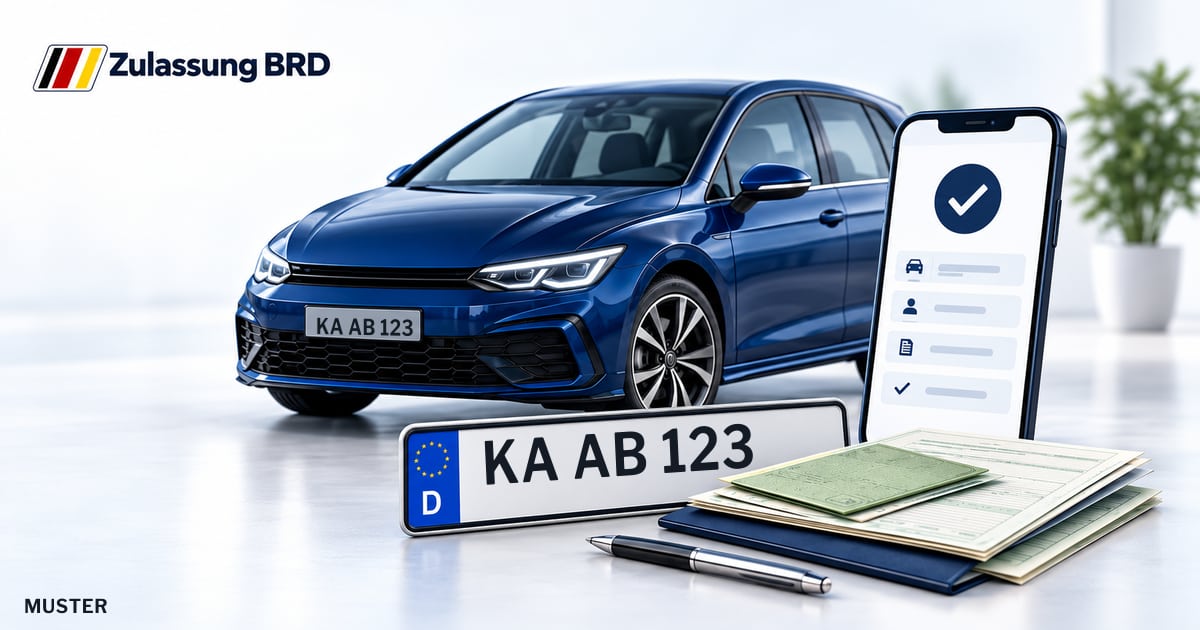 Online Fahrzeugzulassung in Ettlingen: Musterkennzeichen KA AB 123, Auto und Fahrzeugpapiere und Smartphone. Illustration mit Logo von Zulassung BRD.